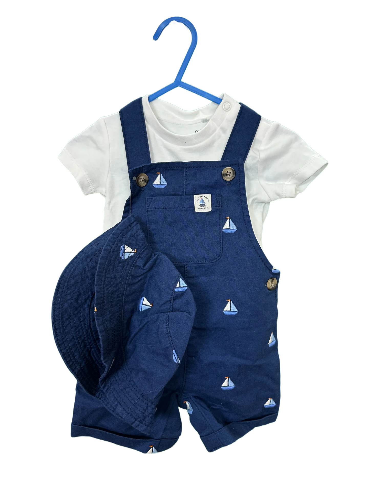 Baby boys short dungeree's , t-shirt and sun hat set
