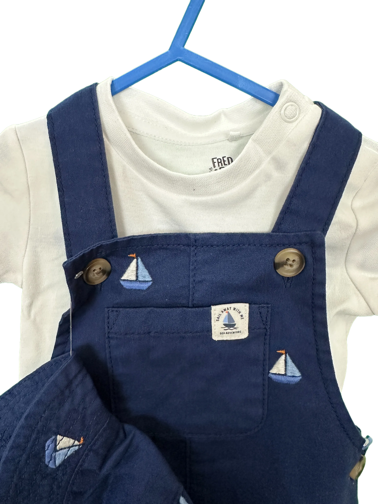 Baby boys short dungeree's , t-shirt and sun hat set