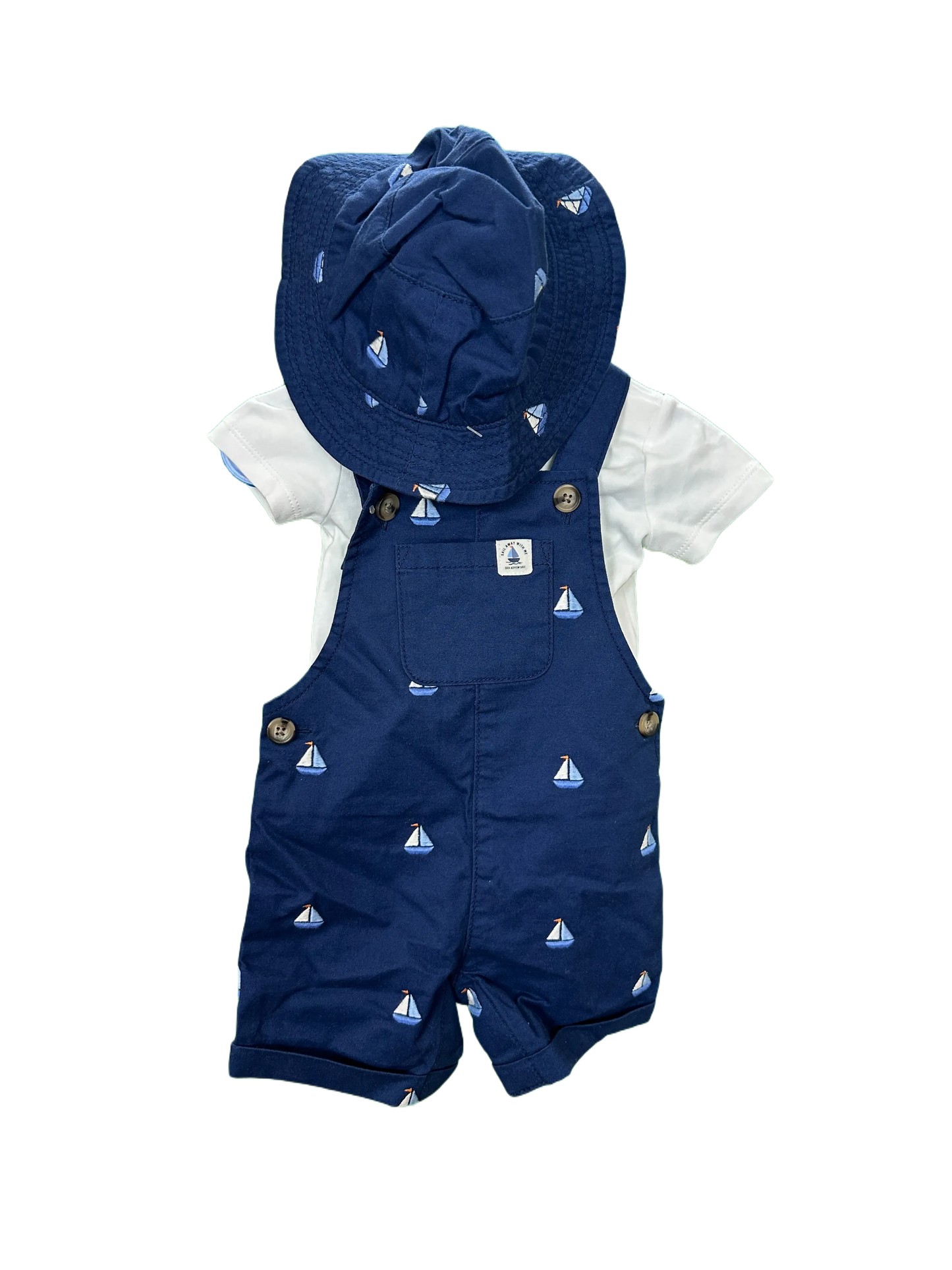 Baby boys short dungeree's , t-shirt and sun hat set