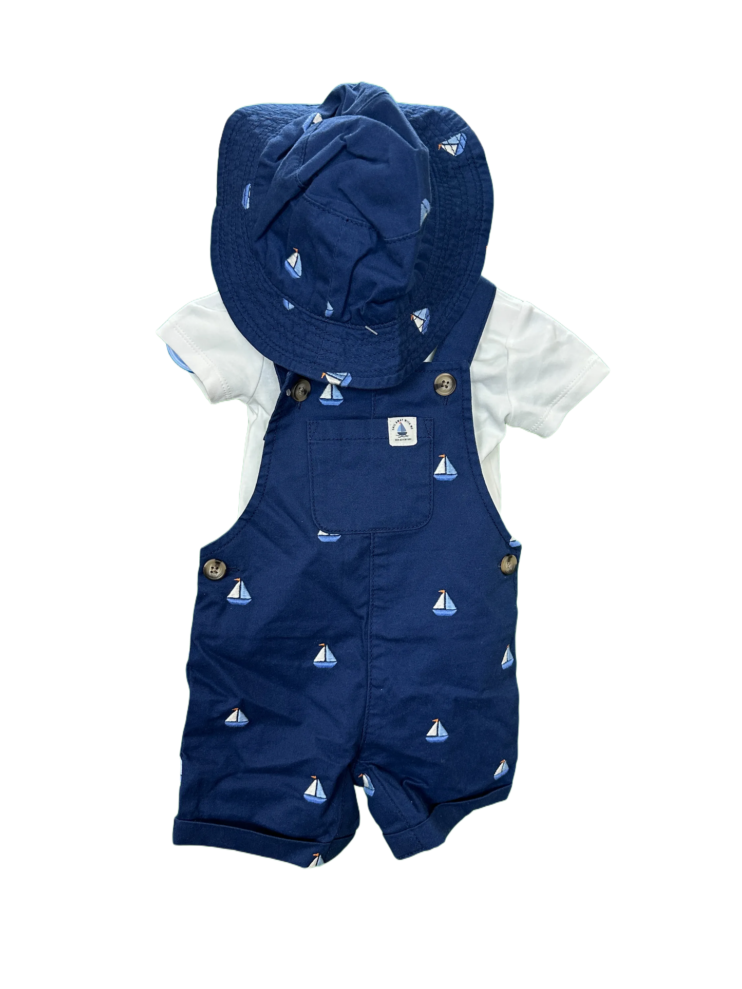 Baby boys short dungeree's , t-shirt and sun hat set