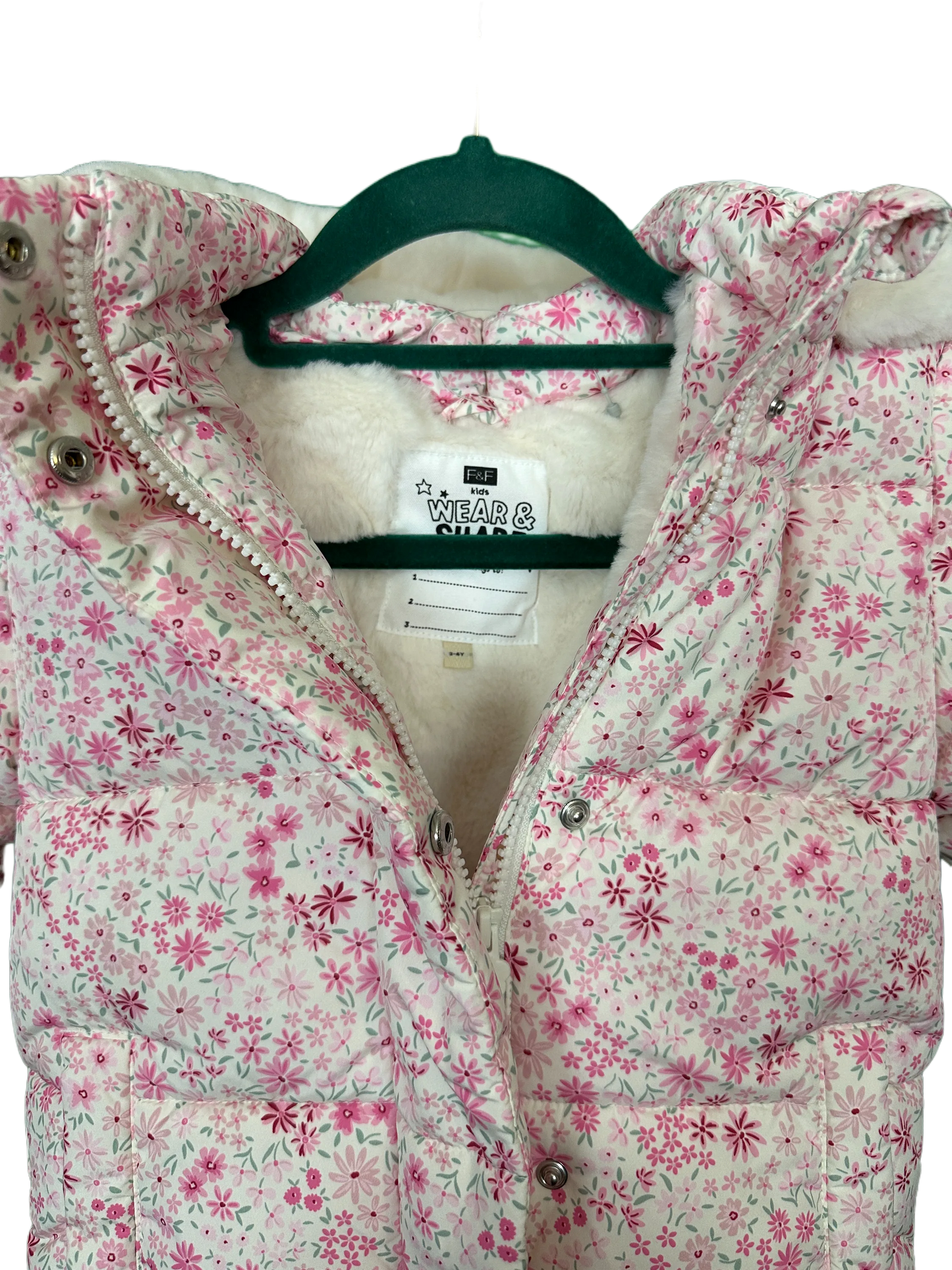 Girl's Floral Fur & Fleece Lined Hooded Padded Jacket Age 3/4yrs