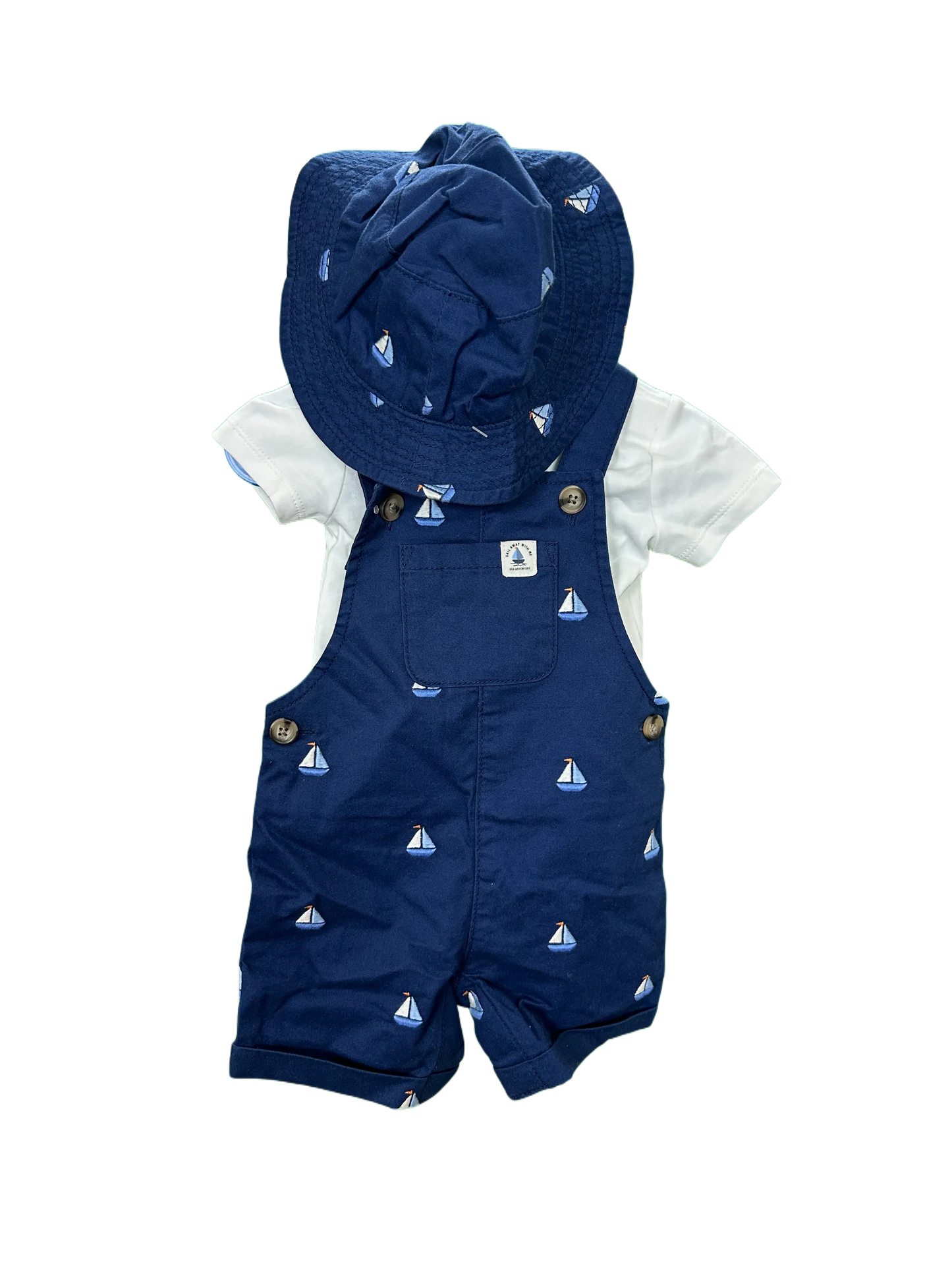 Baby boys short dungeree's , t-shirt and sun hat set