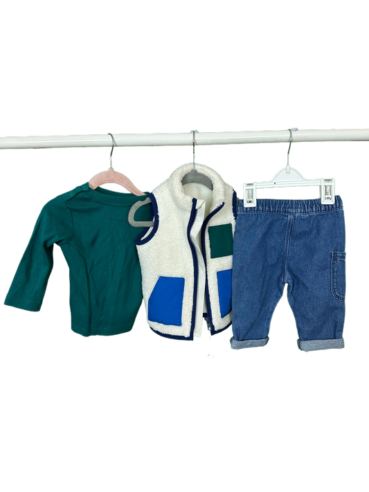 Baby Boy's Body Warmer/Top and Jeans  3 Part set Age 3/6mths